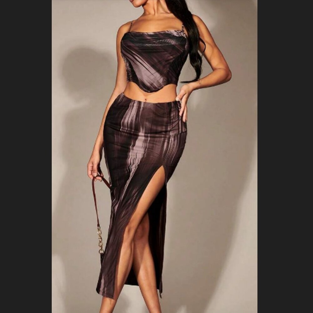 Brownish Purple Patterned 2-Piece Skirt Set